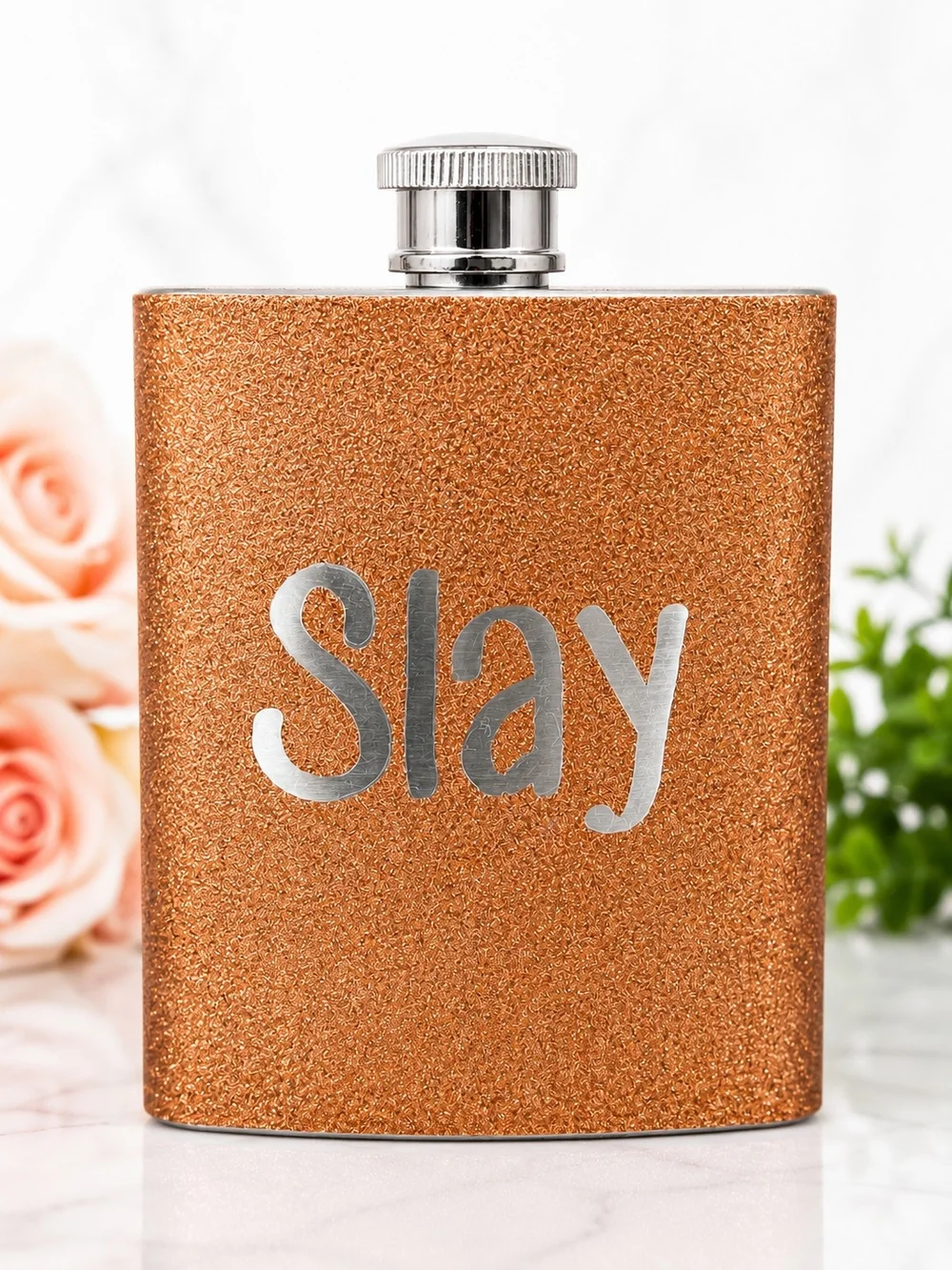 Slay Glitter 6 oz Stainless Steel Hip Flask Rose Gold